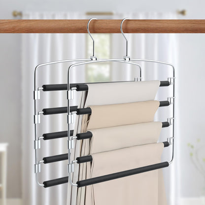 Cycleacc Pants Hangers Space Saving, 2 Pack Anti-Slip Space Saving Hangers, 5 Layer Swing Arm Pants Hanger Stainless Steel with Non-Slip Padding, Closet Organizers & Storage for Pants Trousers Jeans