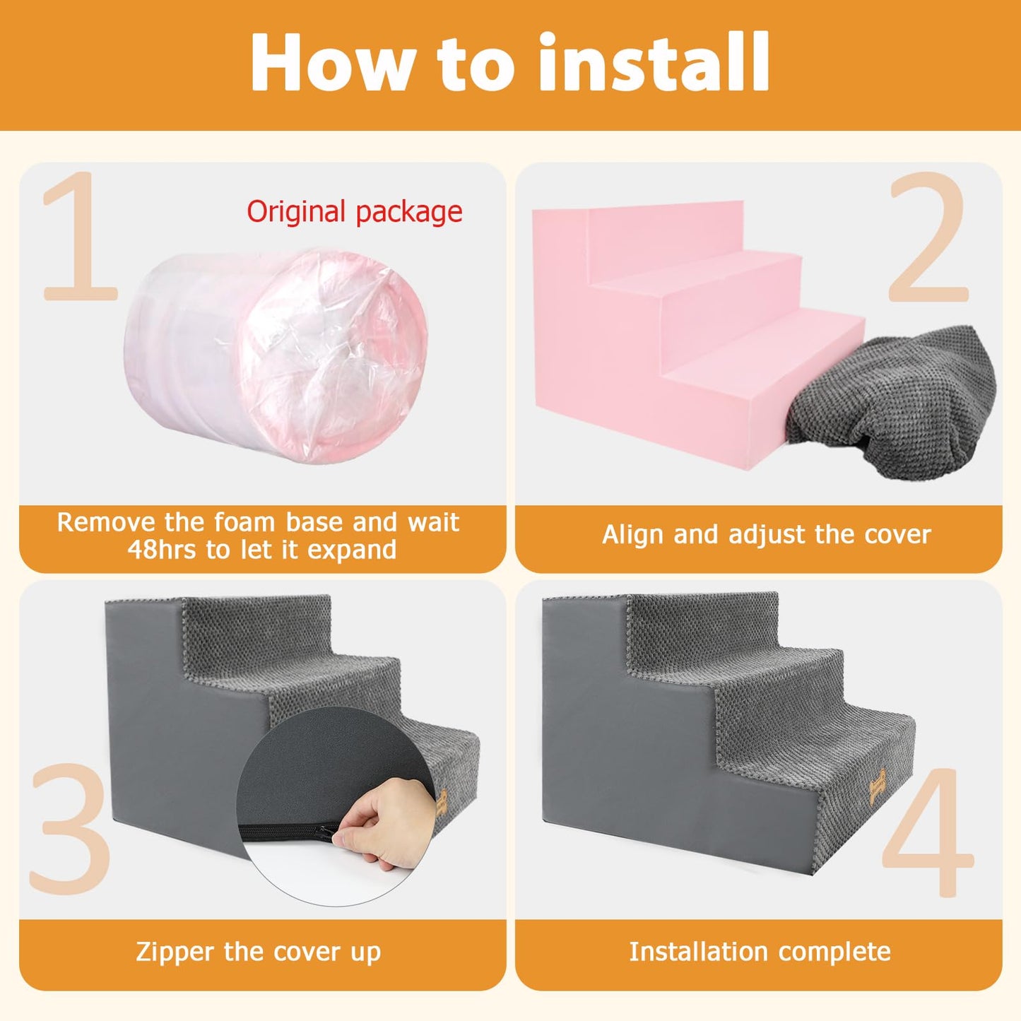 Nepfaivy Dog Steps Stairs for Bed - Non-Slip Pet Stairs for Small Dogs and Cats, 3-Steps Dog Ramp for Sofa with High Density Foam and Removable Cover, 45x40x34cm