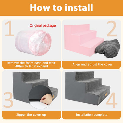 Nepfaivy Dog Steps Stairs for Bed - Non-Slip Pet Stairs for Small Dogs and Cats, 3-Steps Dog Ramp for Sofa with High Density Foam and Removable Cover, 45x40x34cm