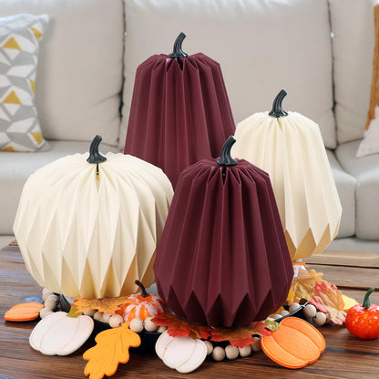 4Pcs Paper Pumpkin Table Decorations, Fall Pumpkin Honeycomb Centerpieces 3D Paper Honeycomb Pumpkins for Thanksgiving Autumn Halloween Home Table Decor (Burgundy and White)