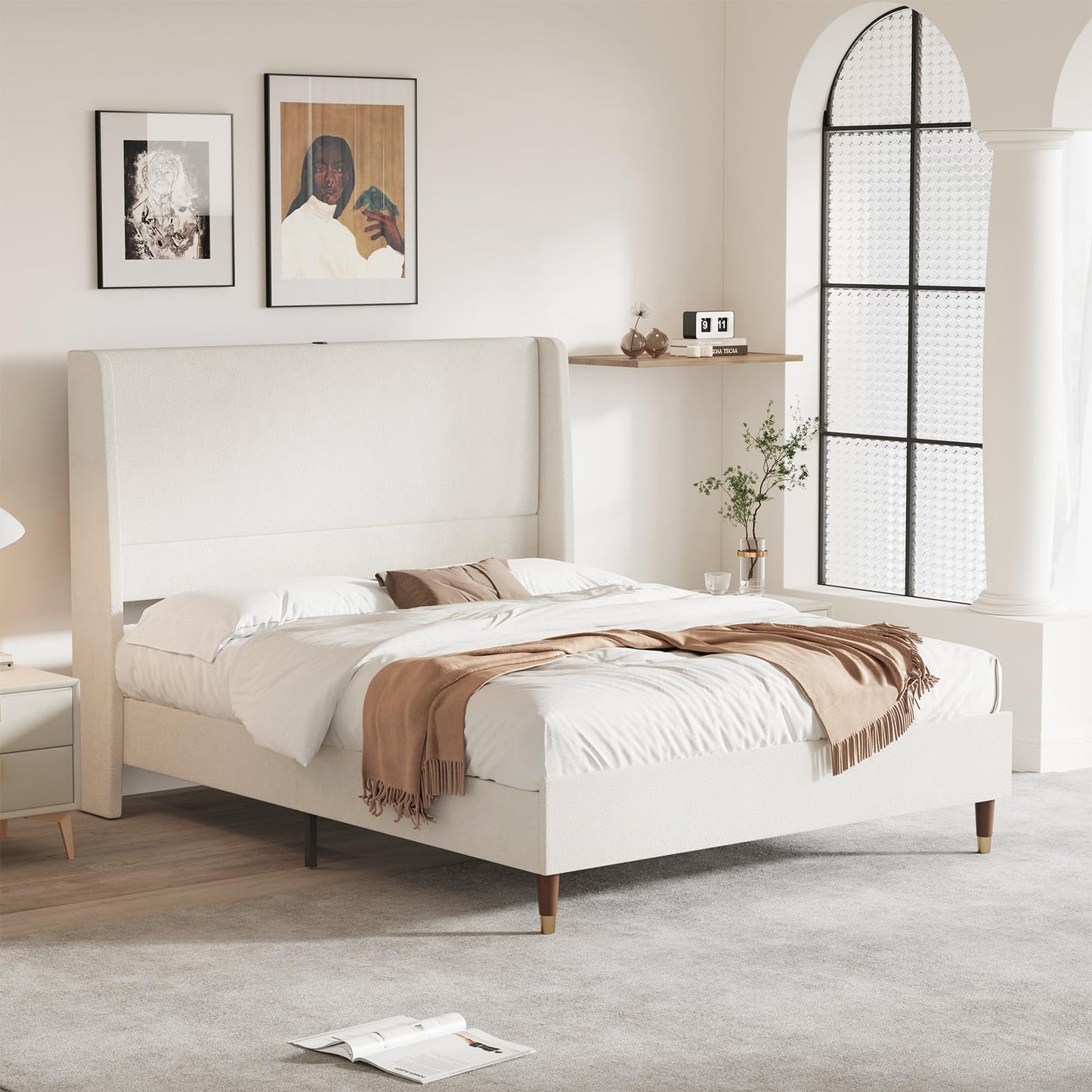 MALOL Queen Size Bed Frame with Upholstered Headboard, Linen Fabric Platform Bed Frame with USB Charging Ports, No Box Spring Needed, Sturdy Metal Support, Noise Free, Modern Bedroom Furniture,White