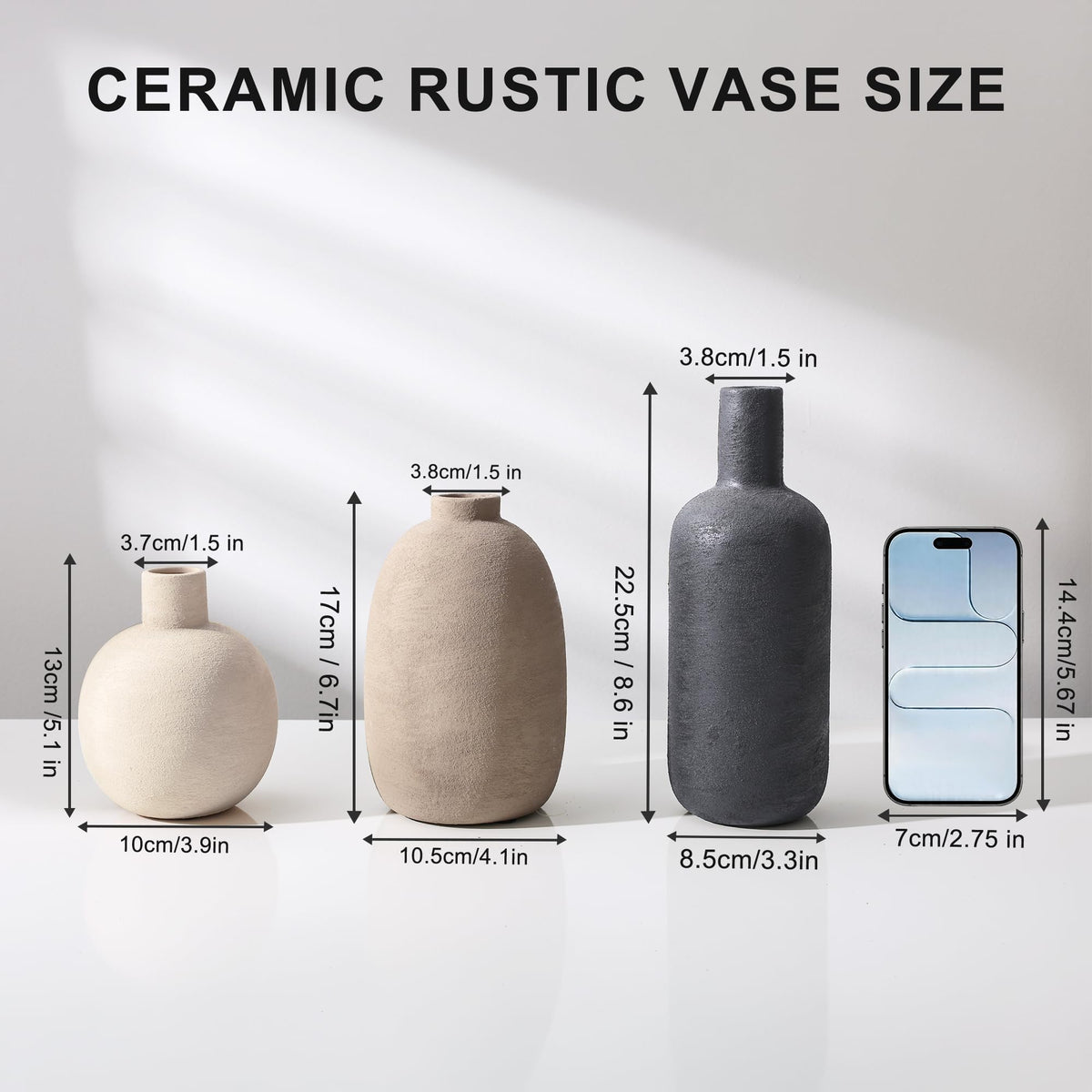 Ceramic Vase Set, Rustic Distressed Large Flower Vases in Pottery Decor, Modern Boho Farmhouse Decor for Pampa Grass, Dried & Fresh Flowers, Decorative Vase for Living Room, Kitchen, Entryway, Black