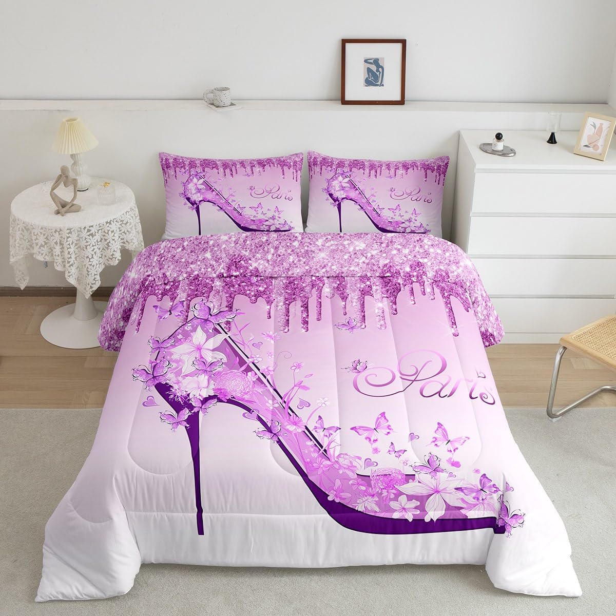 Purple High Heels Comforter Set Queen Size,Romantic Cherry Blossoms Butterfly Paris Bedding Set for Girls Woman Couple Room Decor,Fantasy Glitter Quilt Set Valentine Day Duvet Insert,3pcs