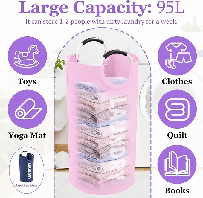 2Pcs Folding Laundry Basket for Adult, 95L Portable Laundry Baskets