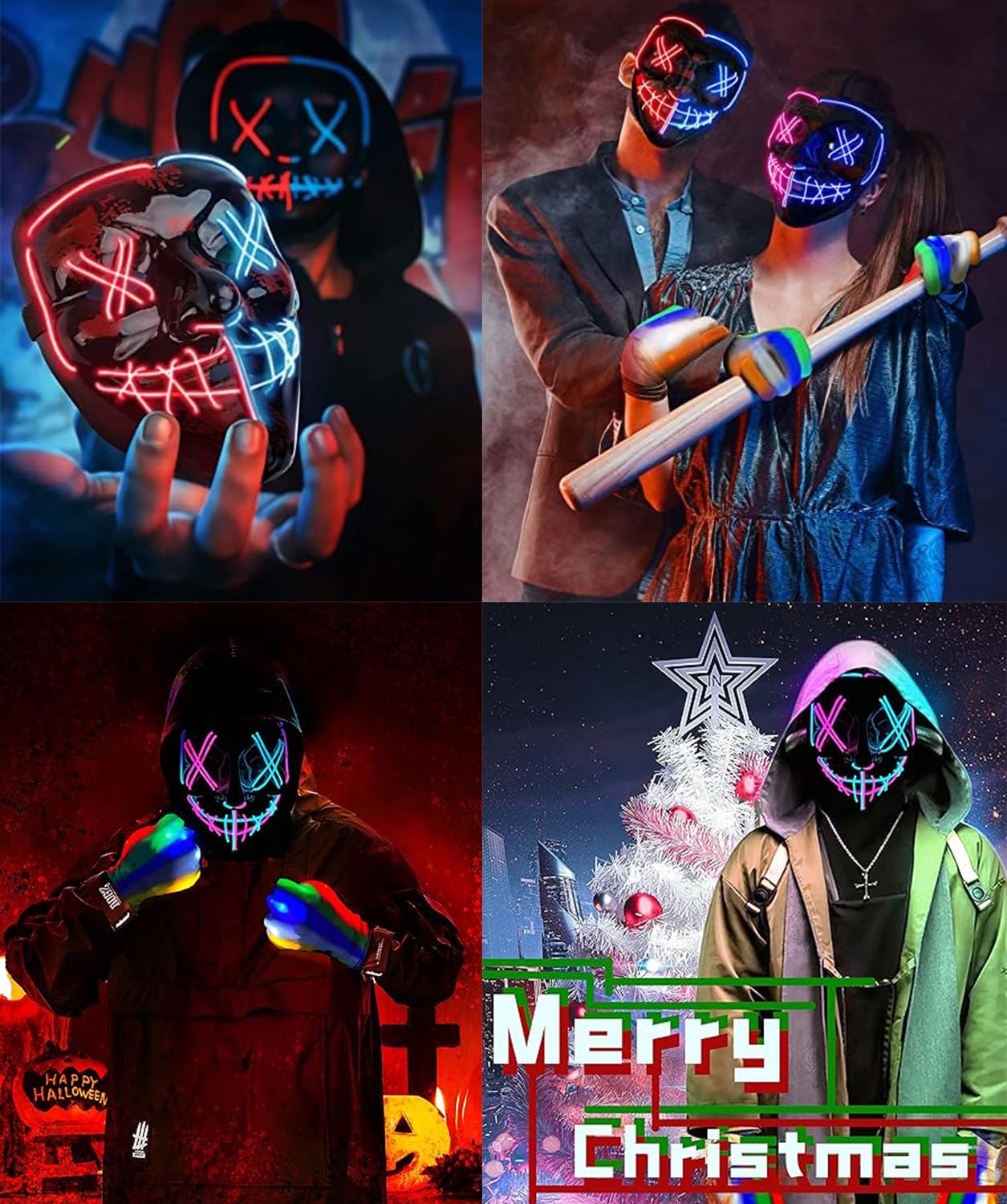 DWTECH LED Halloween Mask - Light Up Mask LED Masks EL Wire Scary Mask for Masquerade Cosplay Light Up Face Mask for Kids Men Women Halloween Festival Party (Ice Blue&Pink A)