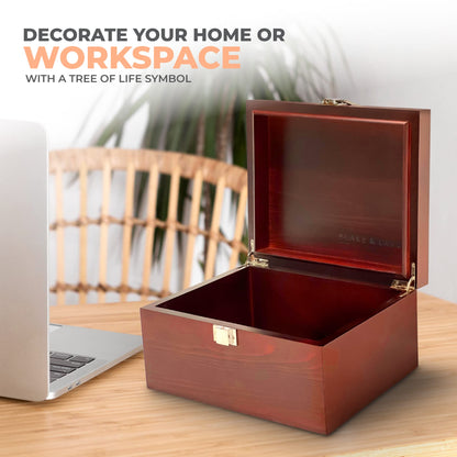 Blake & Lake Tree of Life Large Wooden Decorative Box - Wooden Keepsake Box with Hinged Lid and Metal Latch Wood Storage Boxes with Lid Engraved Design (Dark Pine Wood)