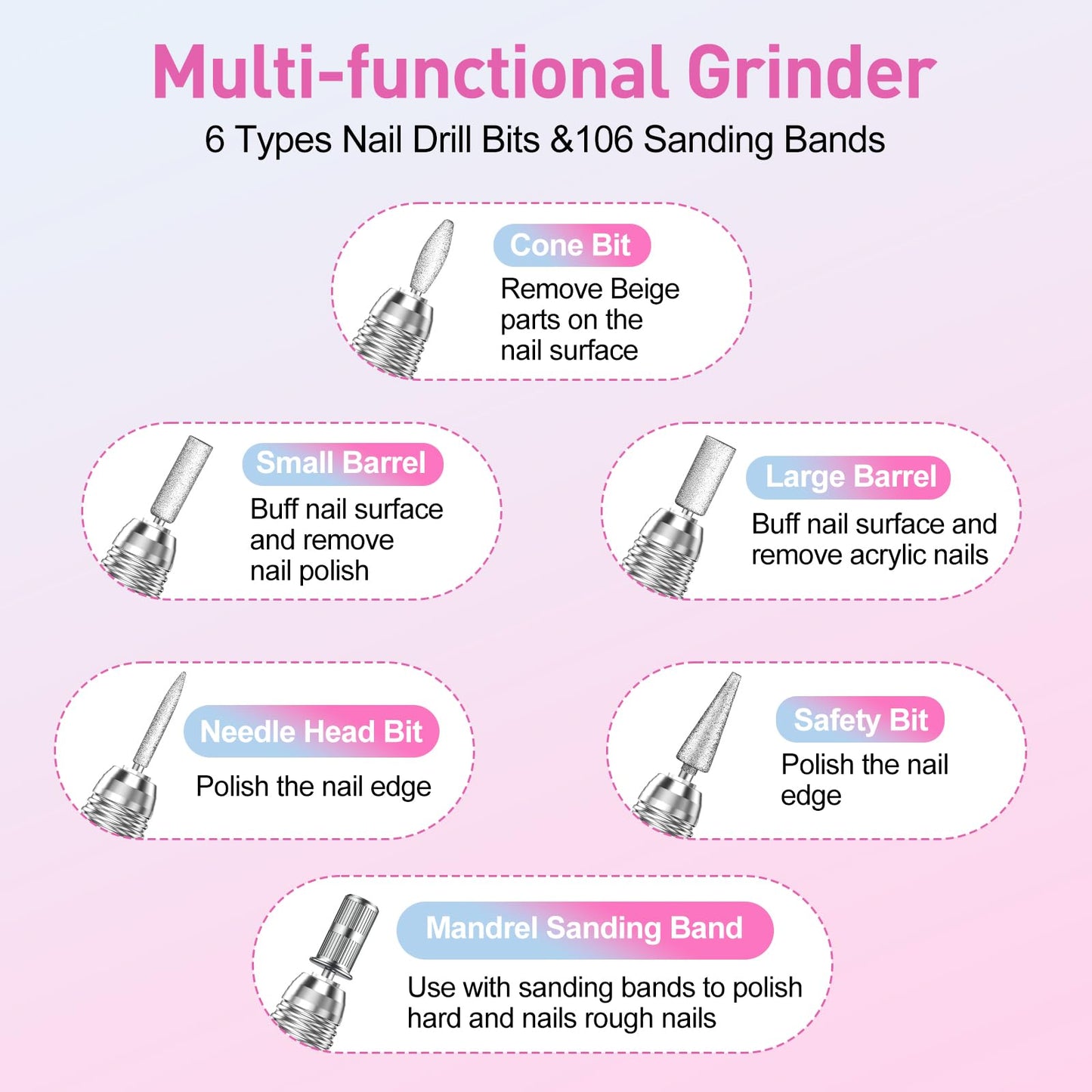 20000RPM Electric Nail Drill Professional Nail File Drill Acrylic Nails Kit for Manicure Gel Nail Polish Remover with 1 Pack of Sanding Bands(Pink)