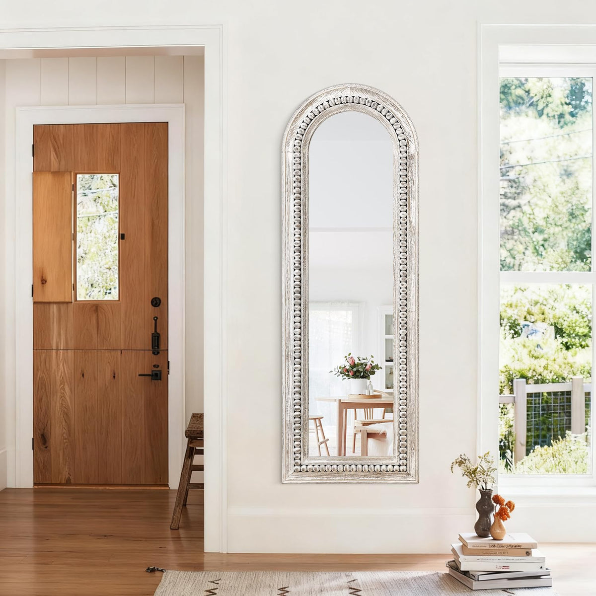 MWAZZLL Wall Mirror Full Length with Beaded Framed Arch Rustic Wood Floor Mirrors Decrorative Large 47"x16" for Bedroom Bathroom Living Room Entryway Dressing Room White