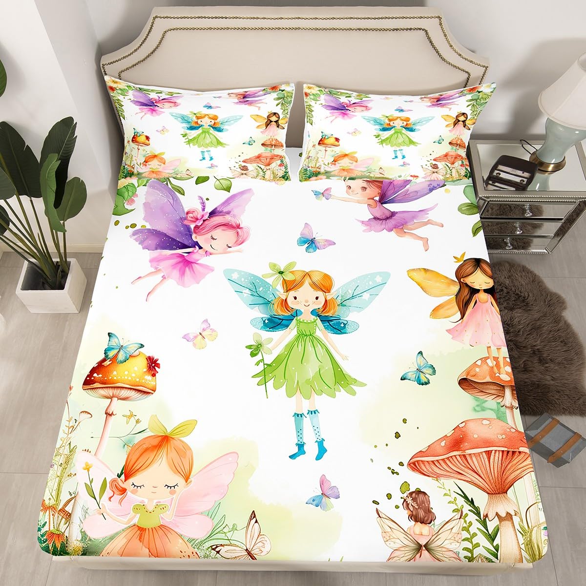 Erosebridal Fairy Garden Twin Bedding Set,Mushroom Butterfly Fitted Sheet for Girls Kids,Dreamy Fairy Floral Bed Set,Cute Girly Princess Bed Sheets 2Pcs Room Decor (No Flat Sheet)