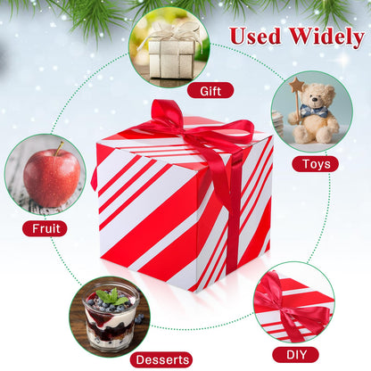 MotiMind 5 Pack Red and White Striped Christmas Gift Boxes with Lids 7x7x7 Square Gift Box with Ribbons for Wrapping Christmas Presents Wedding Bridesmaid Holiday Party Favor Boxes