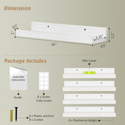 Forbena White Picture Ledge Shelf, Floating Shelves with Lip for Bedroom Books, Corner Nursery Book Shelves Wall Mounted for Small Spaces Office Baby Child Kids Room Art Decor (4-Pack, Real Wood)