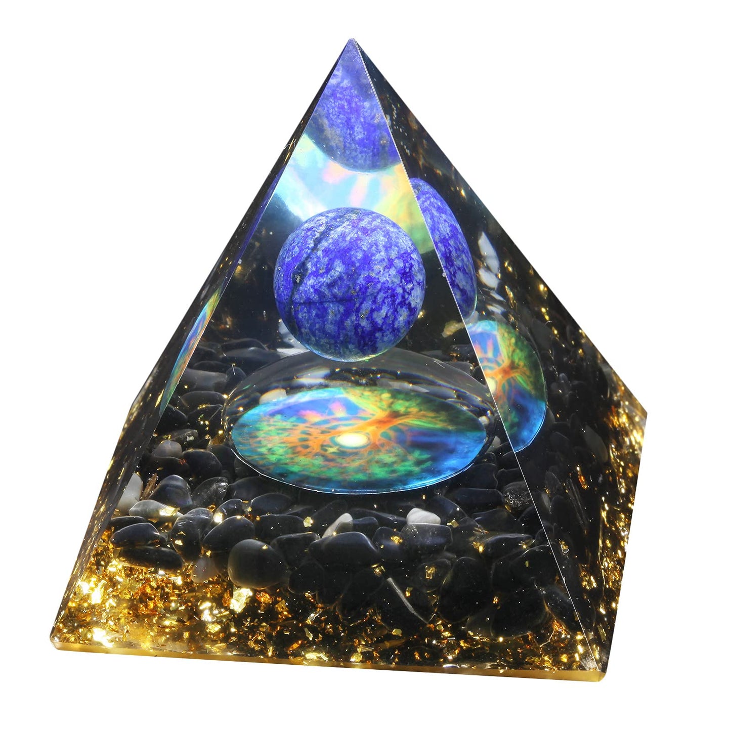 mookaitedecor Lapis Lazuli Crystal Sphere Orgone Pyramid with Obsidian Tumbled Stones and Tree of Life Symbol Orgonite Energy Generator for Protection Meditation Home Decor