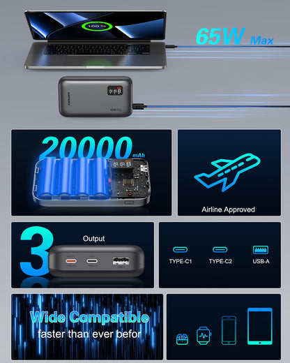 AsperX 65W Power Bank, 20,000mAh Laptop Portable Charger, PD 3.0 Fast Charging Travel Essential USB C Battery Pack for MacBook,iPhone 17/16/15/14 Series,Galaxy S24,Dell XPS, Switch,ipad,Steam Deck