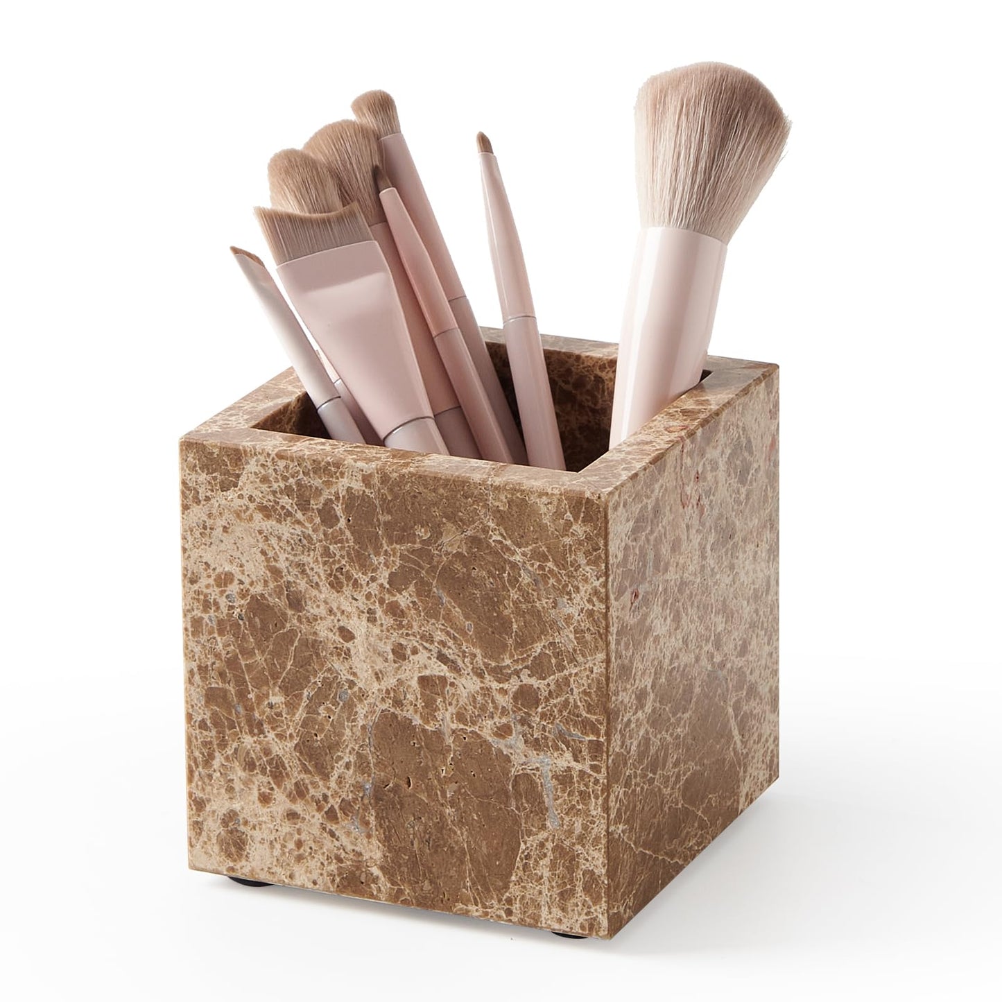 Natural Marble Makeup Brush Holder & Toothbrush Holder, Non-Ceramic, Non-Resin 3.93 Inch Square Marble Jar,Makeup Brush Organizer Suitable for Bathroom, Desk, and Living Room（Dark Brown）