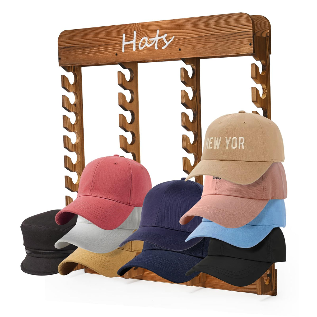 WYJREES Wooden Hat Racks for Baseball Caps, 40-Slot Wall Mount Baseball Cap Rack, Hat Organizer for Display and Storage, Vertical Cap Hanger for Bedroom, Entryway or Closet