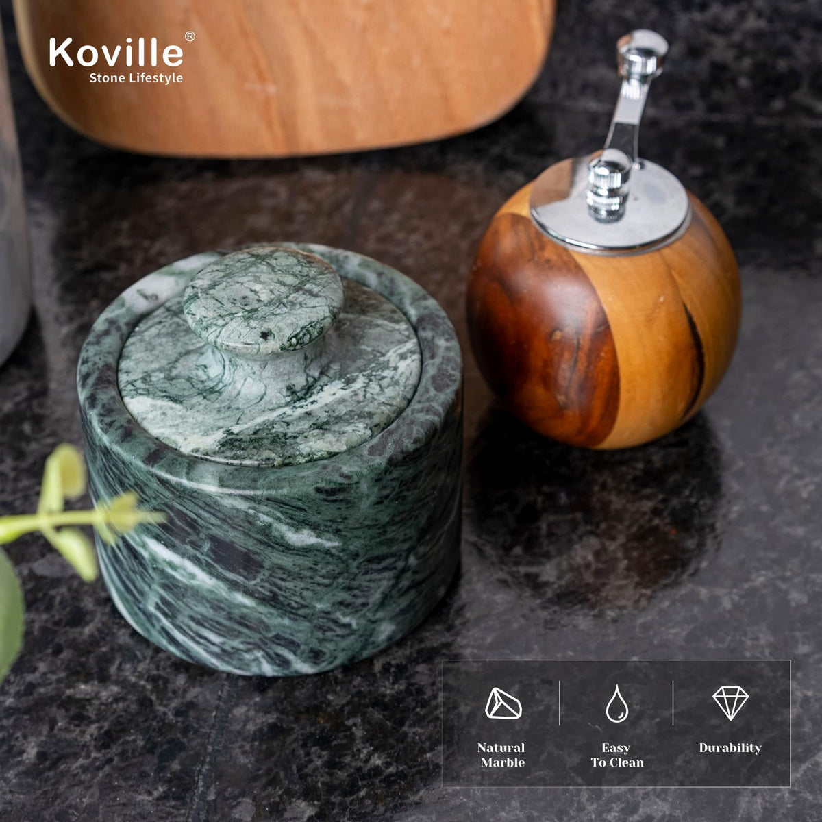 Koville Green Marble Salt Cellar with Lid 3.5", Stone Pepper Container & Spice Jars for Kitchen, Marble Salt and Pepper Holder, Stone Storage Box for Kitchen Counter, Spice Jar (Verde Alpi Green)