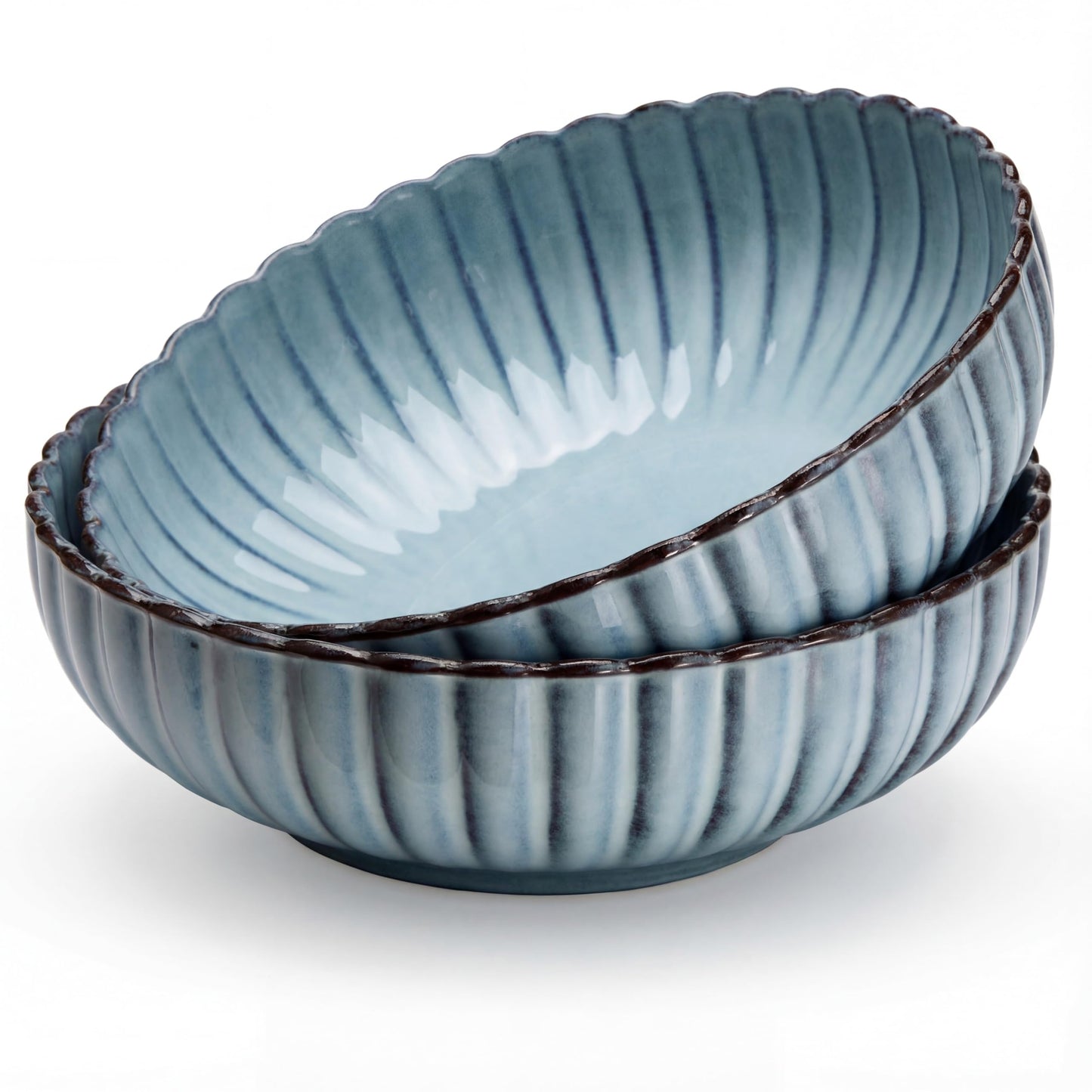 Serving Bowls, Durable Ceramic, Large, Microwave and Dishwasher Safe, Scalloped Shell Shape, Ombre Blue, 70 oz, Set of 2, Tidal Collection