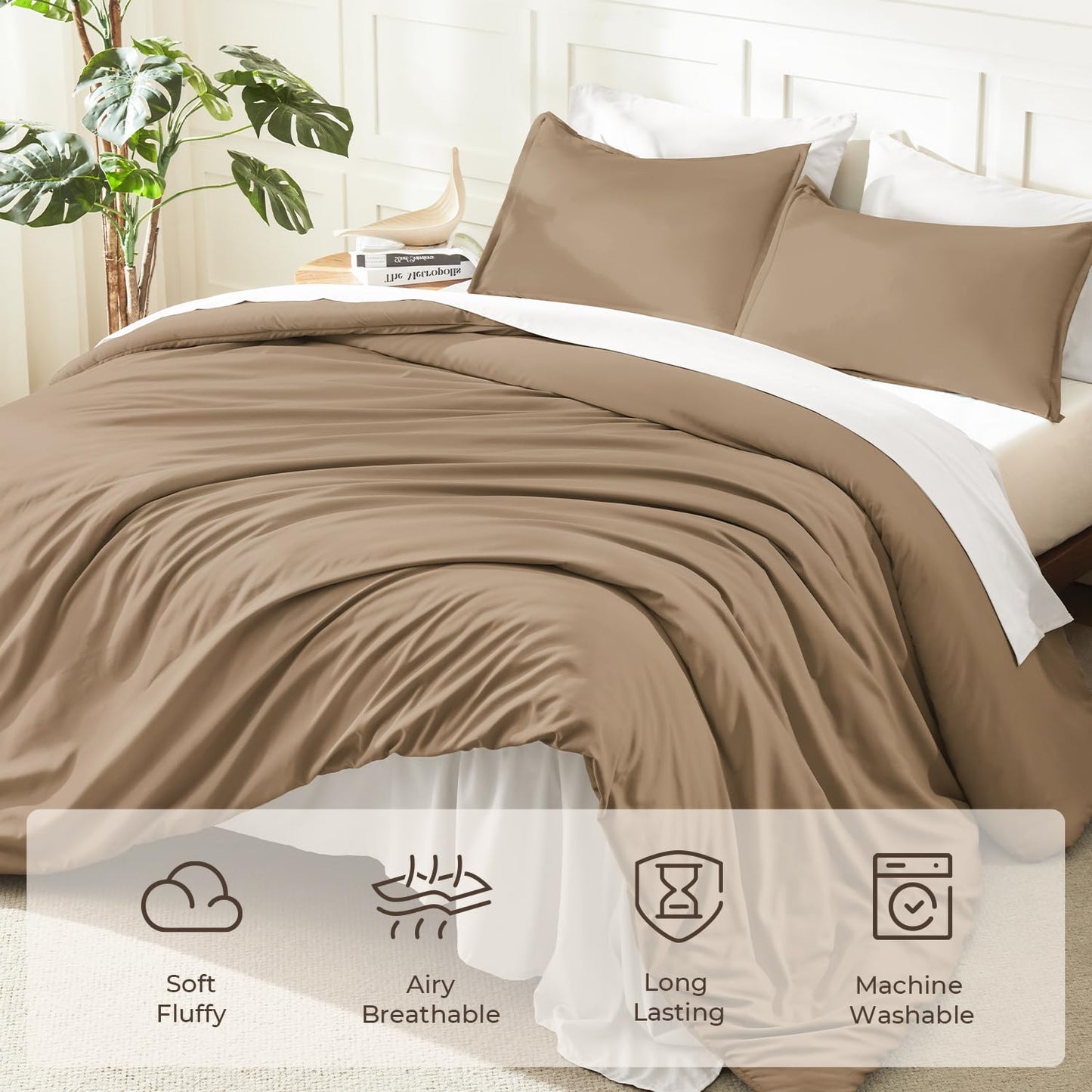 Litanika Taupe Comforter Set King Size, 3 Pieces Solid Bedding Comforter Set, All Season Fluffy Bed Set (104x90In Comforter & 2 Pillowcases)