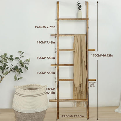 Taozun 67-Inch Wooden Blanket Ladder with Shelf for Living Room - 5-Tier Farmhouse Towels and Quilt Rack Decor - Leaning Wall Display Holder for Blankets and Throws