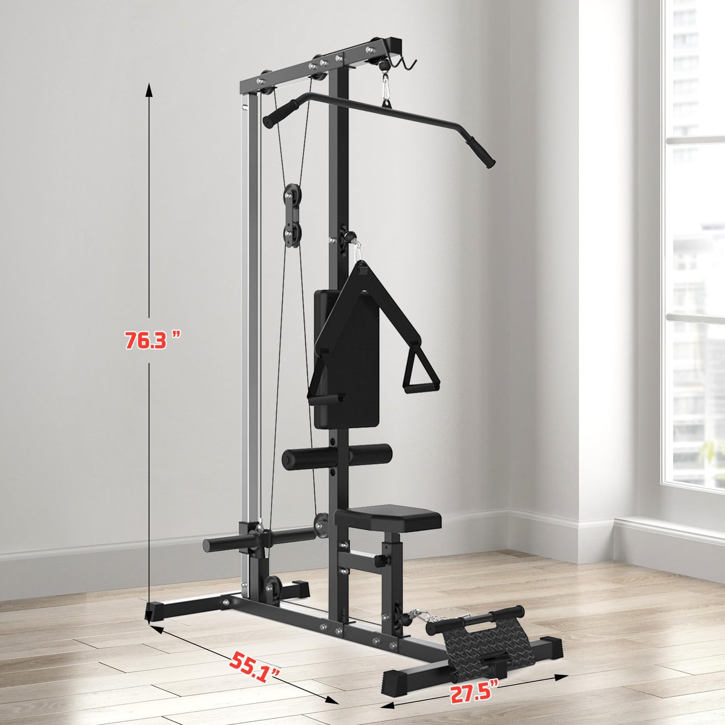 LAT Pulldown Machine, Cable Machine Home Gym with High and Low Pulley Station, Tricep Workout Equipment with Adjustable Leg Support