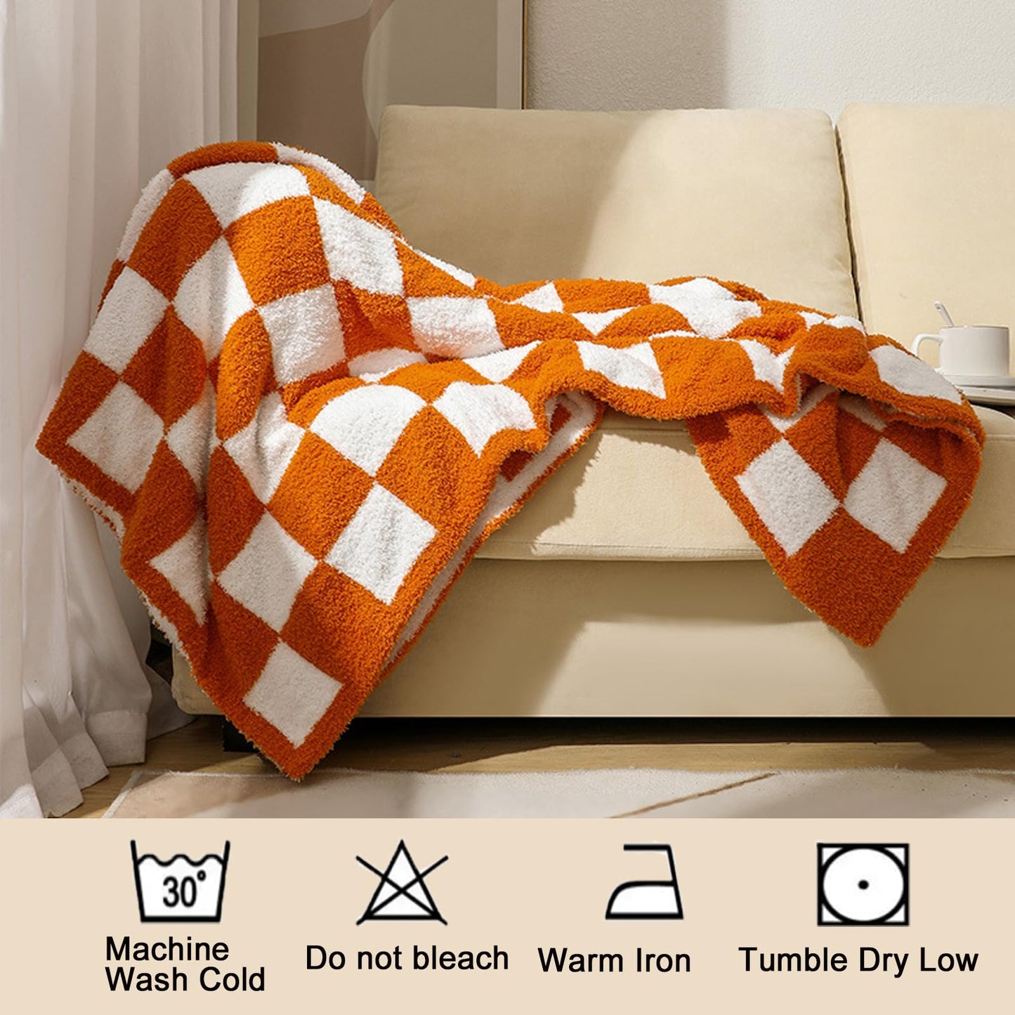 MorroMorn Checkered Throw Blanket for Couch, Orange Throw Blanket 2-Layers Soft Cozy Fleece Plaid Blankets Checkerboard Grid - Fluffy Fuzzy Plush Warm for Sofa Chair Bed Decor Gifts, 50x60 inches