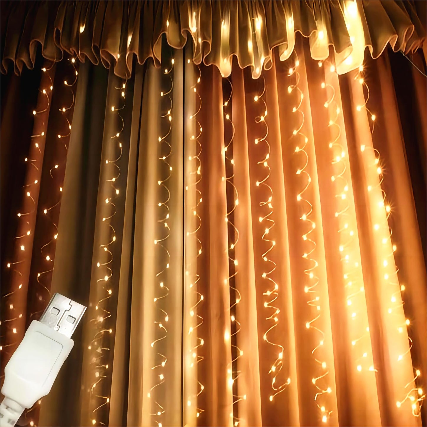 Honche 300Led Fairy Curtain String Lights 10x10ft with Remote Window Lights for Bedroom Wedding Party Festive Season Propose Christmas Decoration(Warm White)