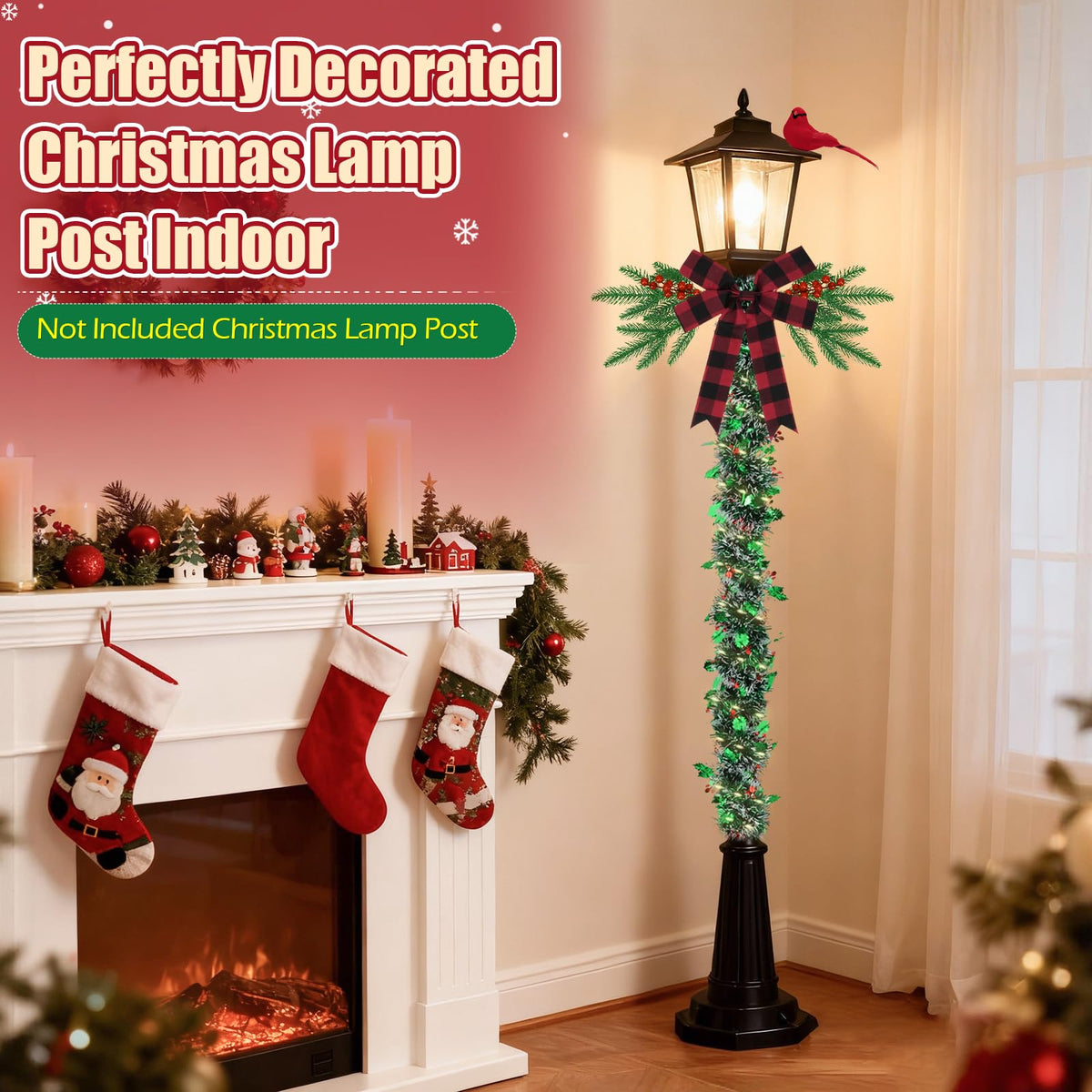 YIBOBO 13Pcs Christmas Lamp Post Decoration Set Include String Light, Pine Branches, Red Berries, Tinsel Garlands, Checkered Bow and Cardinal Bird for Outdoor Holiday Porch Lawn, NOT Include Lamp Post