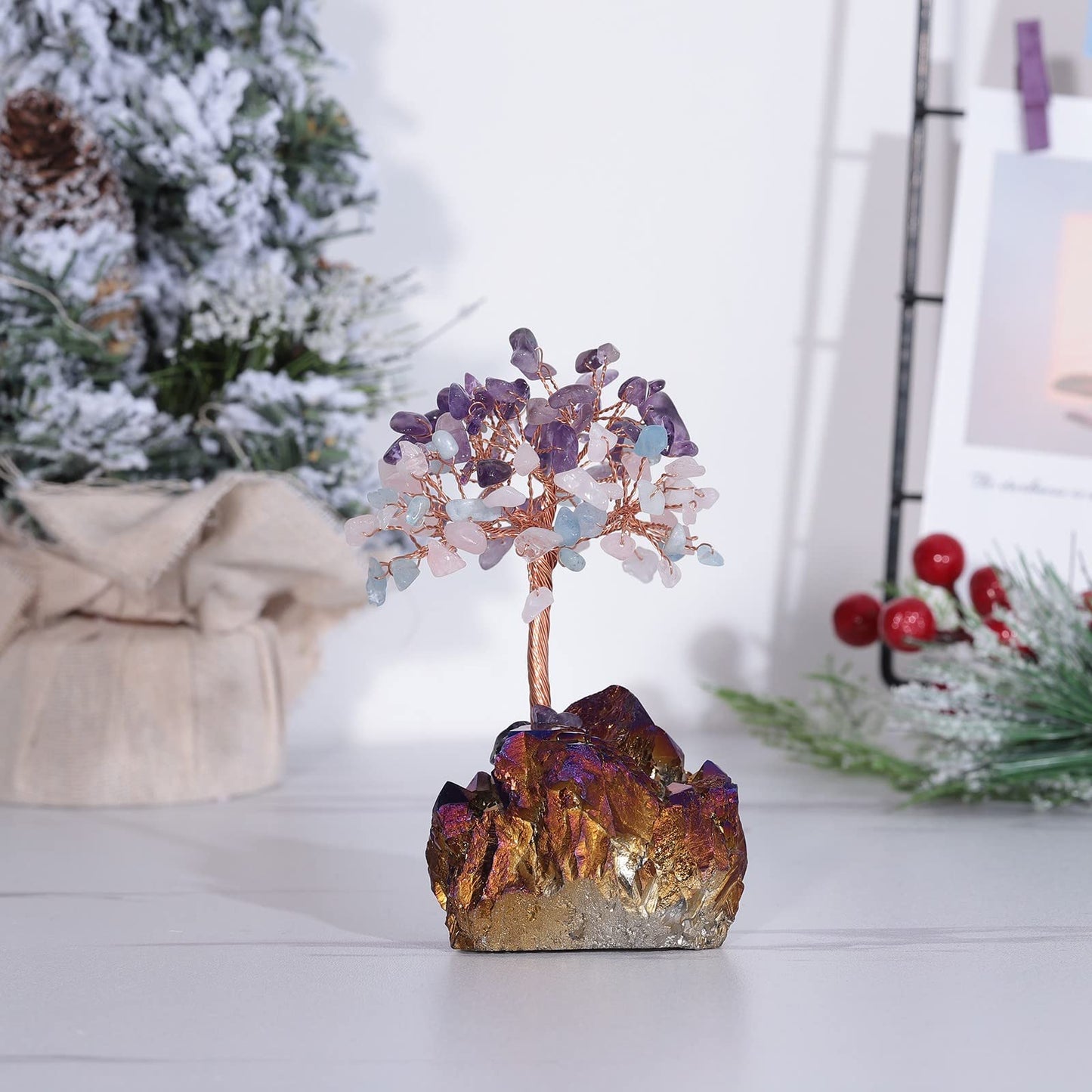 moonsix Feng Shui Crystal Tree with Purple Gold Titanium Coated Rock Quartz Cluster Base Lucky Money Bonsai Healing Tree, Amethyst & Rose Quartz & Aquamarine