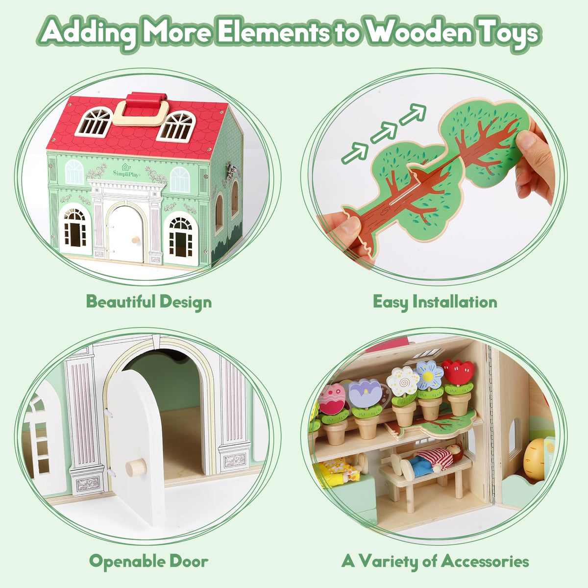 SIMPLIPLAY Montessori Wooden Garden Toys, 45pcs Wooden Dollhouse Kit