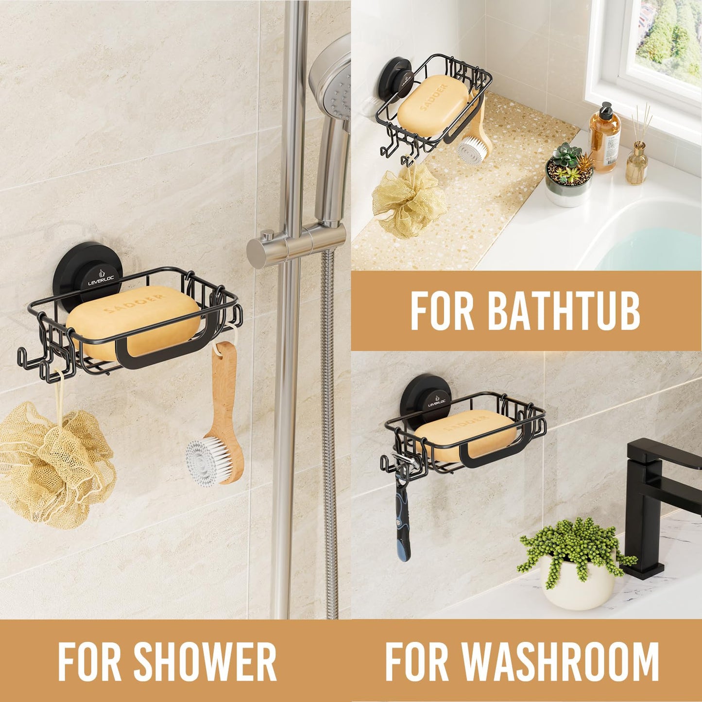 LEVERLOC Bar Soap Holder for Shower with Hooks, Suction Cup Soap Dish Rustproof Stainless Steel for Bathroom Accessories, Sponge Saver Black