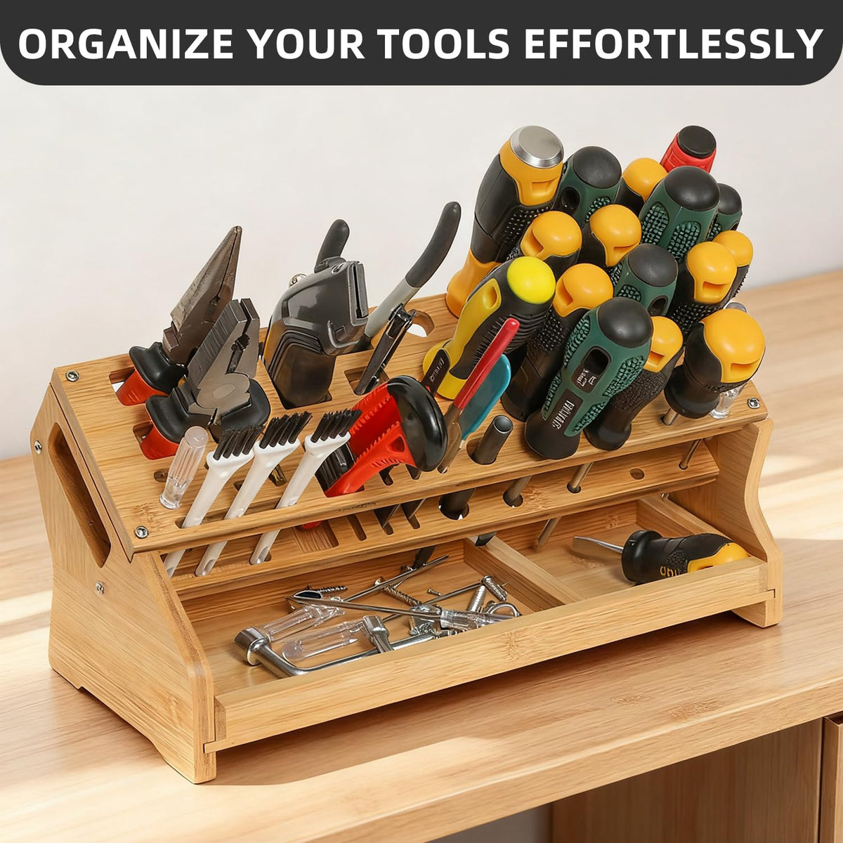 ValuXpro Bamboo Screwdriver Organizer - Tool Storage Organizer Workbench Desktop Rack - Hand Piler Tools Storage Holder -Standard Size