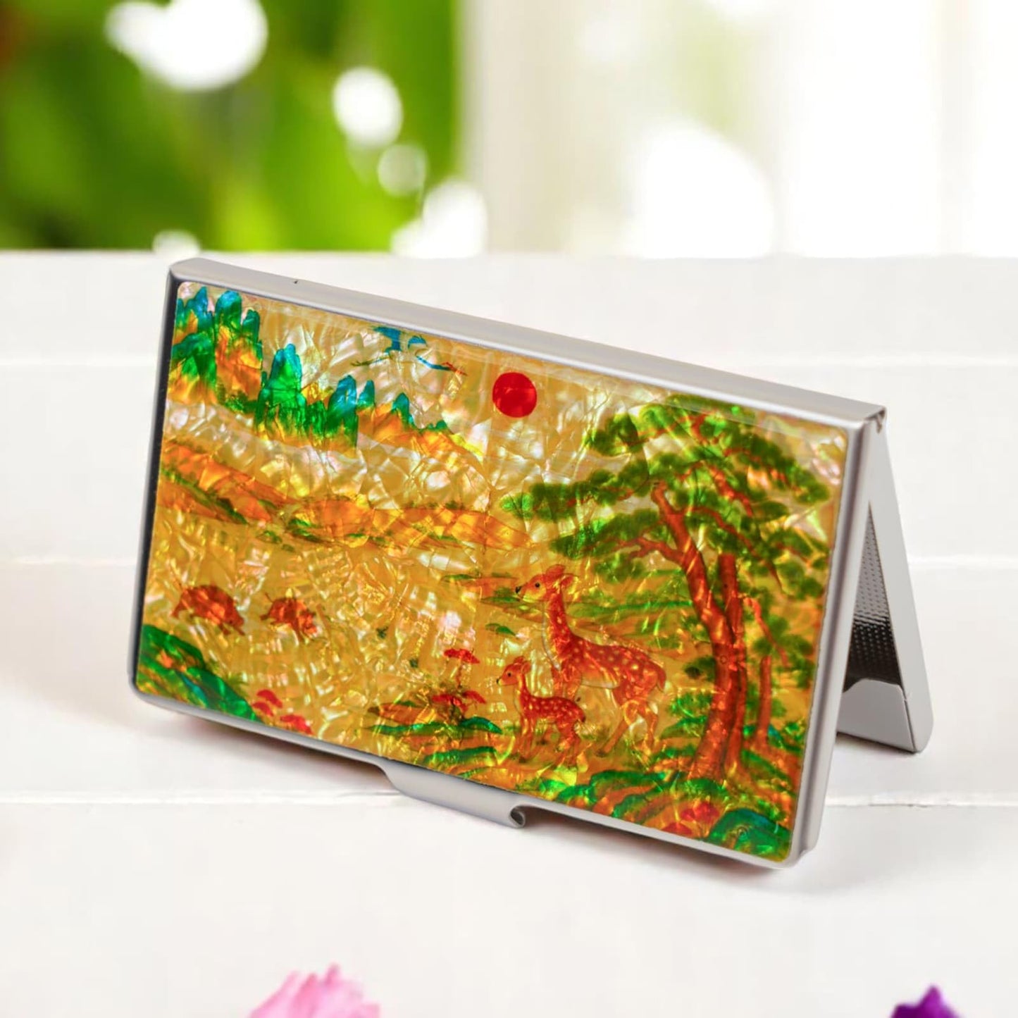 February Mountain Mother-of-Pearl Business Card Holder – Korean Deer and Mountain Landscape | Unique Asian Art Office Gift for Men & Women | Elegant Card Case for Professionals