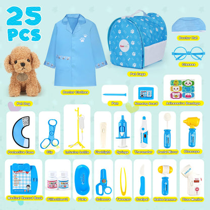 Sanlebi Doctors Set for Kids - Children Pet Vet Care Play Set with Doctor Costume, Plush Dog, Pretend Role Play Medical Kit Toys Gifts for 3 4 5 6 Year Old Girls (Blue)