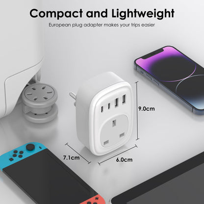 UK to European Plug Adapter - UK to EU Euro Europe Schuko 40W USB C Fast Travel Plug Adaptor Grounded USBC Type C Charger for Spain Turkey France Germany Iceland Poland Greece Russia (Type E/F)Tusreda