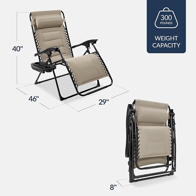 Best Choice Products Oversized Padded Zero Gravity Chair, Folding Outdoor Patio Recliner, XL Anti Gravity Lounger for Backyard w/Headrest, Cup Holder, Side Tray, Polyester Mesh - Dune