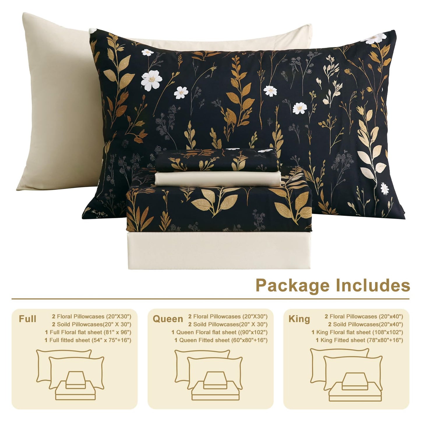 Botanical 6-Piece Queen Bed Sheets Set, Boho Floral Print Brushed Microfiber Sheets, Cooling Bed Sheet Set, Ultra Soft & Breathable, 16' Deep Pocket Fitted Sheet & Pillowcase Set, Beige Brown Leaves