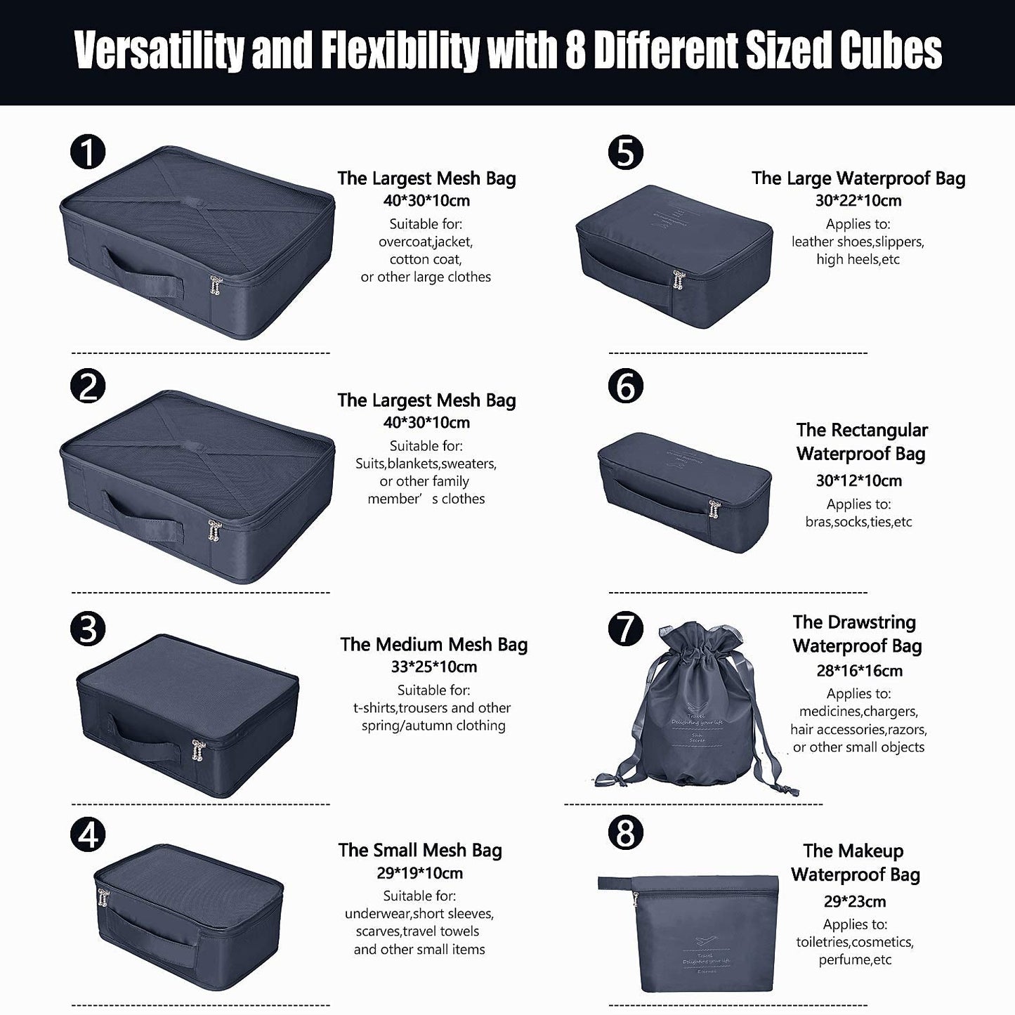 BETLLEMORY Packing Cubes 8 Sets Travel Luggage Organizers with Waterproof Shoe Storage Bag Compression Pouches(Navy Blue)