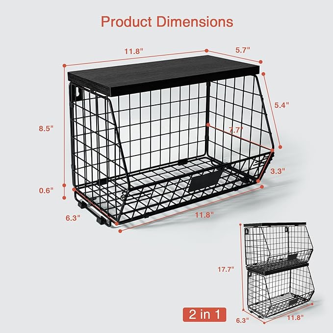 Black Kitchen Wall Hanging Storage Basket Set of 2, Rustic Stackable Kitchen