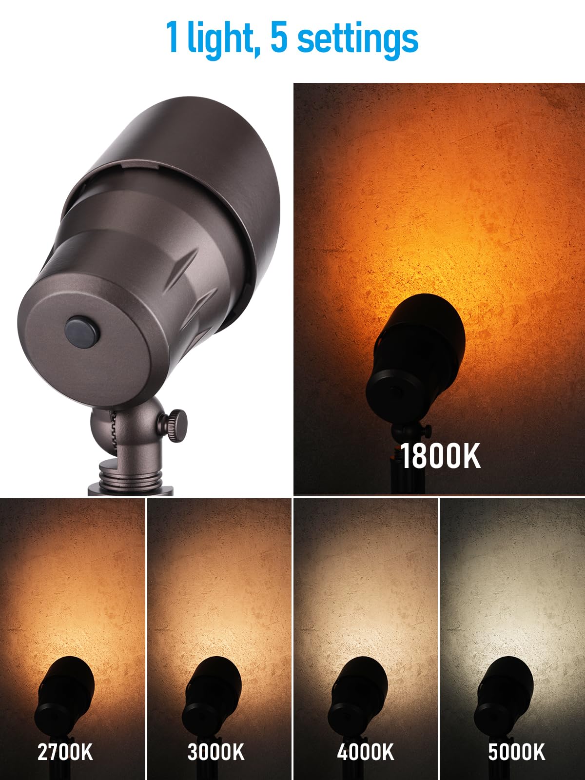 LEONLITE 5CCT Low Voltage LED Landscape Spotlight, Update 1800K2700K3000K4000K5000K Selectable, 5W 12V Pathway Lights Outdoor, CRI90, Aluminum Spot Lights for Garden, ETL, IP65 Waterproof, Pack of 4