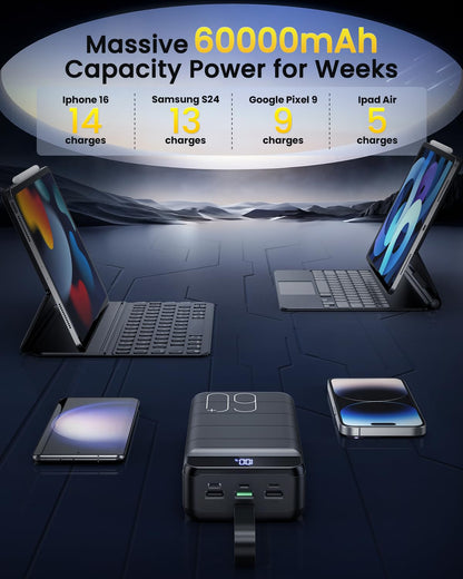 Portable Charger Power Bank 60000mAh 22.5W USB C Fast Charging Battery Bank with 4 Outputs & 3 Inputs LED Display Huge Capacity External Battery Bank LED Display for iphone, Samsung, Google etc