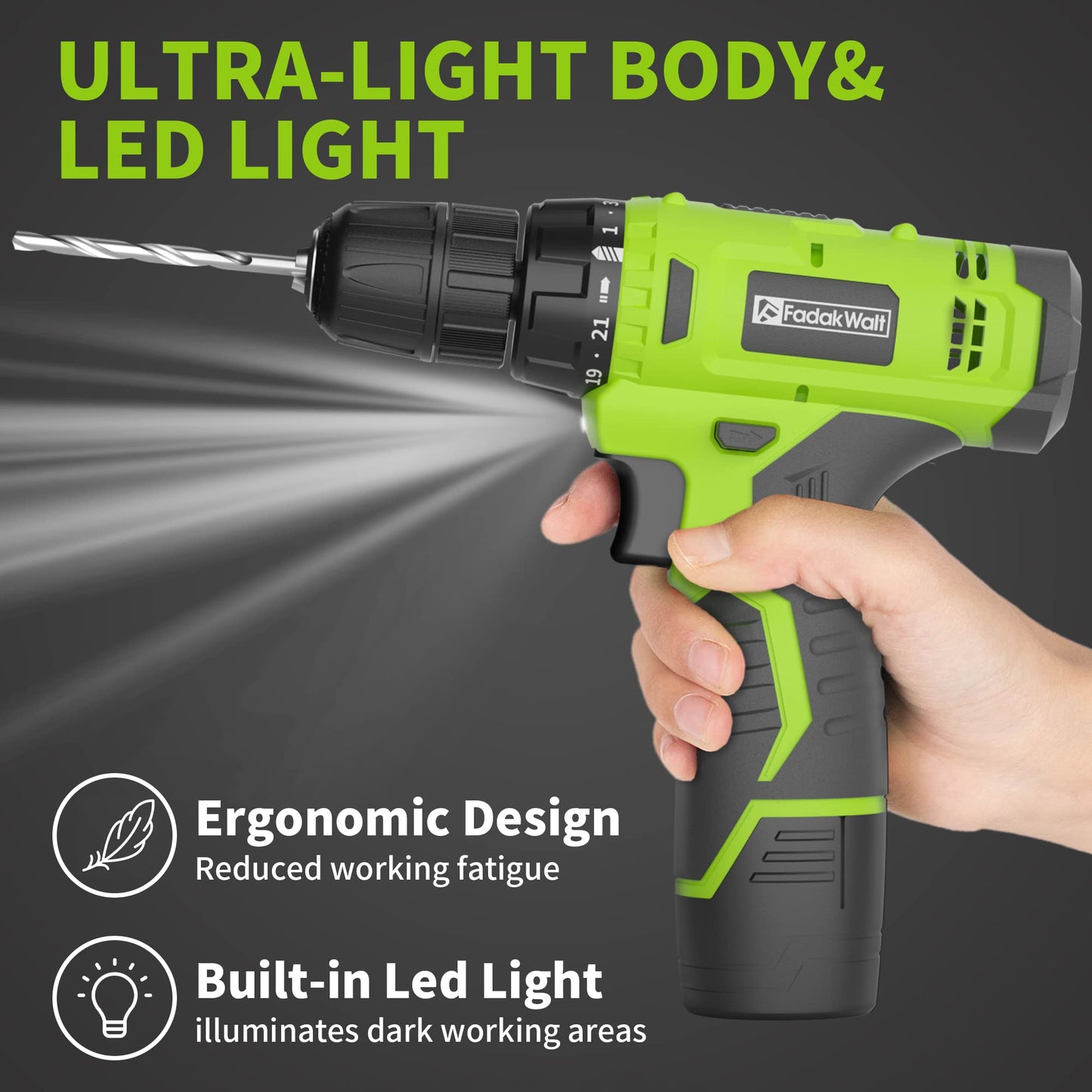 FADAKWALT 12V CordlessDrill, Battery Power Drill Drivers, 3/8” inch Keyless Chuck, Electric Screwdriver Kit, 21+1 Torque Setting, Combi Drill with Li-Ion Battery and Charger