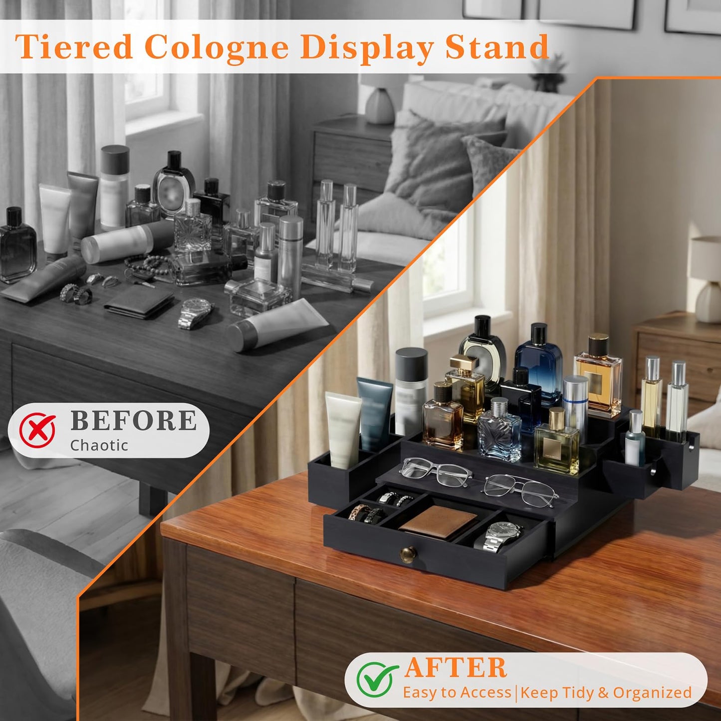 Aollewoiti Cologne Organizer for Men, 4-Tier Wooden Perfume Stand with 3 Velvet Lining Drawers, Large Capacity Perfume Display, Black Fragrance Storage Shelf for Dresser, Mens Gift for Birthday Father's Day