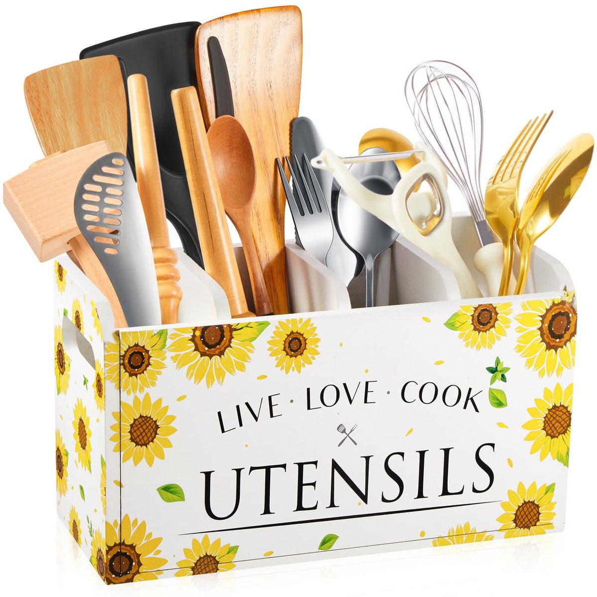 Kathfly Sunflower Kitchen Utensil Holder for Counter Cooking Utensil Organizer 4 Compartment Large Wooden Rustic Farmhouse Kitchen Tools Storage for Home Countertop