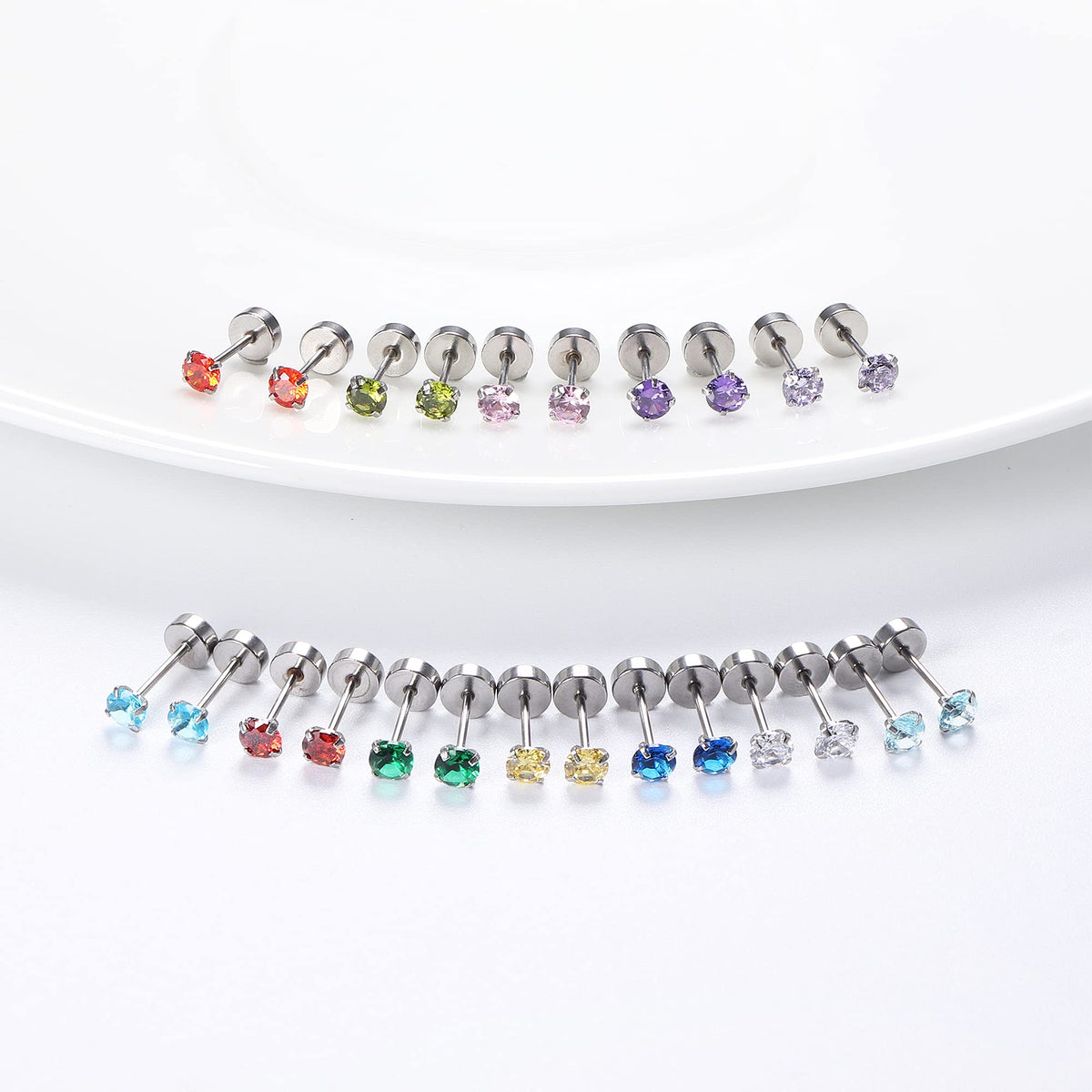 Fansilver 20G Hypoallergenic Flat Back Earrings for Women Men Silver 14K Gold Stainless Steel Stud Earrings Brithstone Cubic Zirconia Studs Surgical Steel Cartilage Earrings for Sensitive Ears