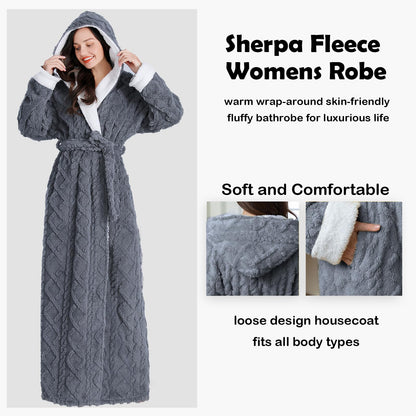 Oksun Womens Long Dressing Gown Robe Full Length Ladies Fluffy Plus Size Fleece Hooded Winter Warm Bathrobe (Grey,XL)