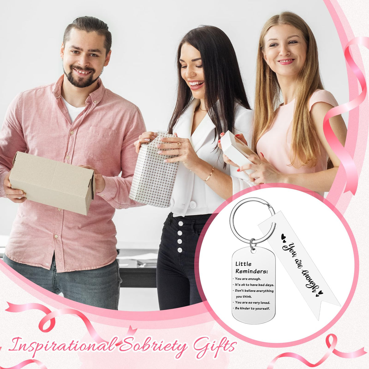 Sureio 6 Set Little Reminder Keychain Mental Health Gift You Are Enough Key Inspiration Uplifting Quotes Organza Bag and Card(White)