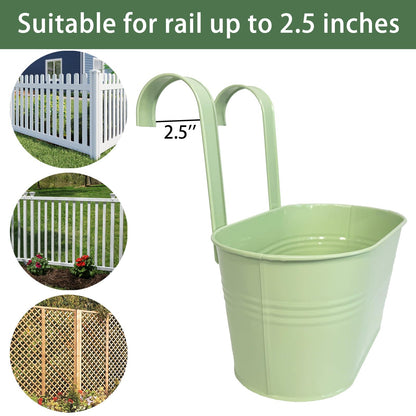 Joyfernal Balcony Hanging Planters Flower Pots, 10" Metal Flower Pots for Outdoor Balcony Rails, Fence Pot Hanging Plant Holders with Detachable Hooks for Garden Patio Yard Decor (Mint Green, 2Pcs)