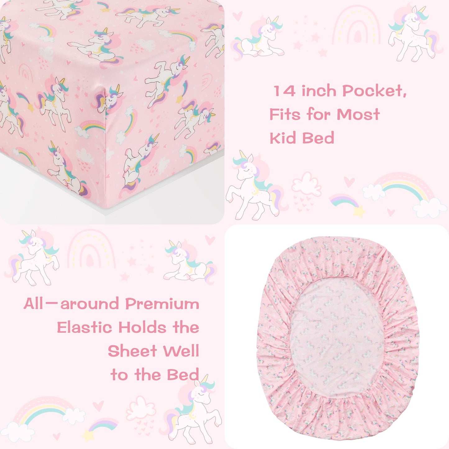 lasoftan Kids Sheet Set Twin Size 3 Pcs, Girls Sheet Set with Pink Unicorn Pattern，Kids Girls Twin Fitted Sheet，Breathable & Silky Soft Microfiber Fitted Sheet