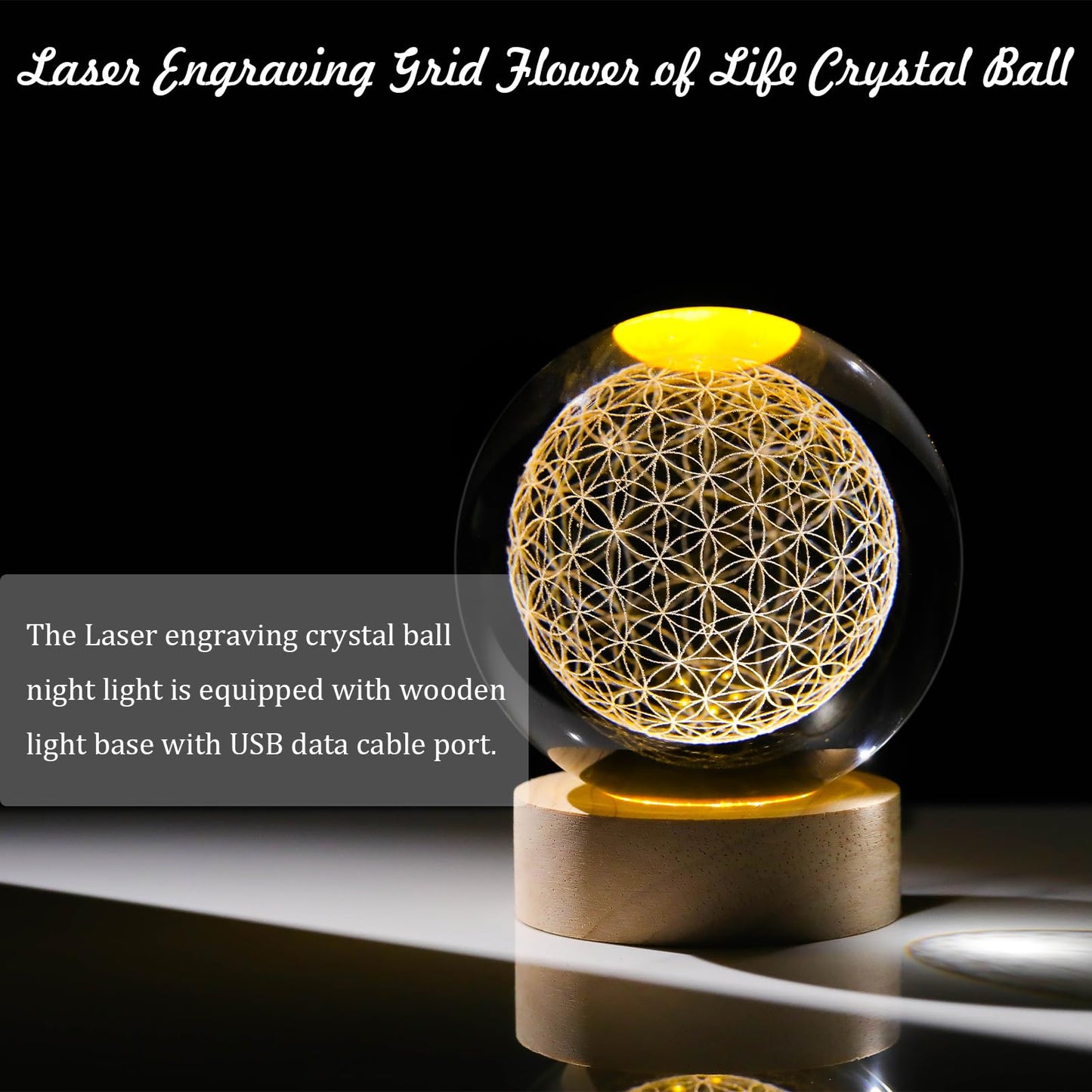 Arikyrist 3D Engraved Flower of Life Crystal Ball, Laser Engraved Grid Flower of Life Sphere Home Decoration, Crystal Engraved Sacred Geometry Glass Sphere Paperweight Ornaments Gifts for Men Women