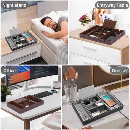 Baoyun Nightstand Organizer Tray,Leather Valet Tray for Men,EDC Catchall with Phone Charging Station,Dresser Top Organizer, 6 Compartments Entryway Box for Wallet, Keys, (Black)